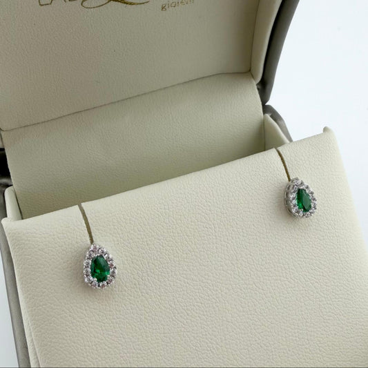 Orecchini goccia con zirconi bianchi e verde  - Oro 18kt